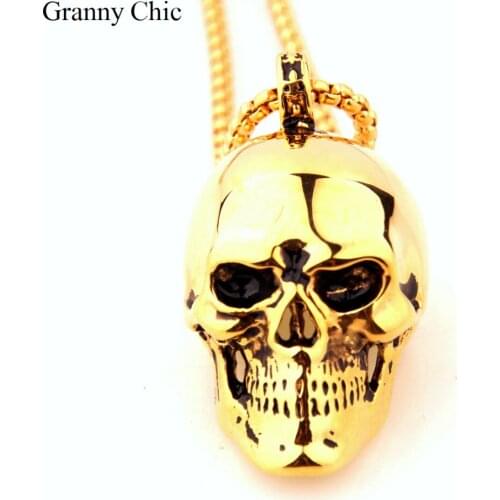 Granny Chic Mens Jewelry Punk Style Silver/Gold/Blue Stainless Steel Skeleton Skull Pendant Box Necklace