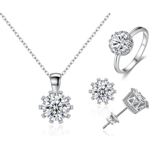 Classic Female White Crystal Jewelry Set Charm Silver Color Crown Stud Earring For Women Cute Zircon Wedding Ring Chain Necklace