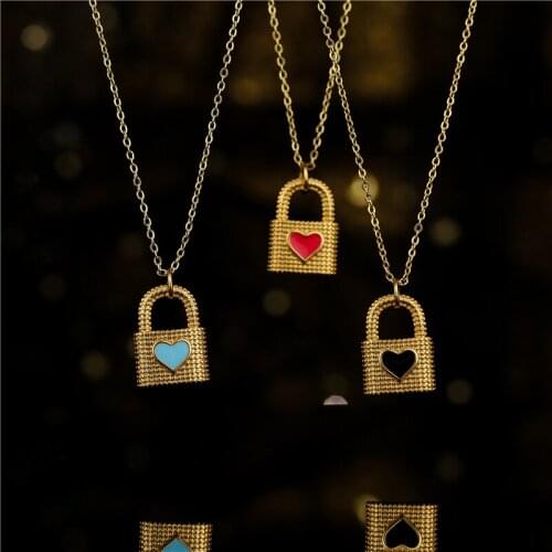 Fashion Gold Color Copper Lock Pendant Necklaces For Women Girl Red/Blue/Black 3 Colors Heart Oil Dripping Jewelry Birthday Gift