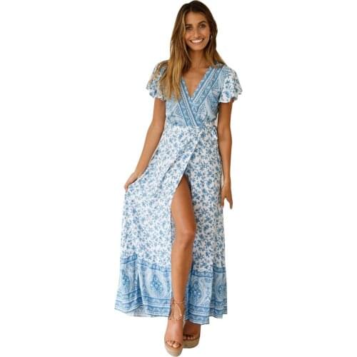 New Women Floral Dress Sexy Backless Evening Party Beach Long Maxi Dresses Loose Boho Dress Summer Sundress vestido de mujer