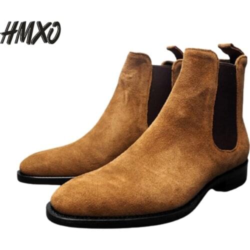 HMXO Casual Handsome British Men Shoes Leather High-top Short Boots Casual Shoes Mens Flat-bottom Breathable Suede Mens Shoes