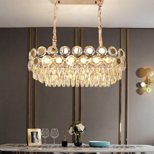 Luxury Modern Shiny Gold Steel E14 Led Pendant Lights Dining Room Oval Lustre K9 Crystal Chain Hanging Lamp Led Indoor Lighting