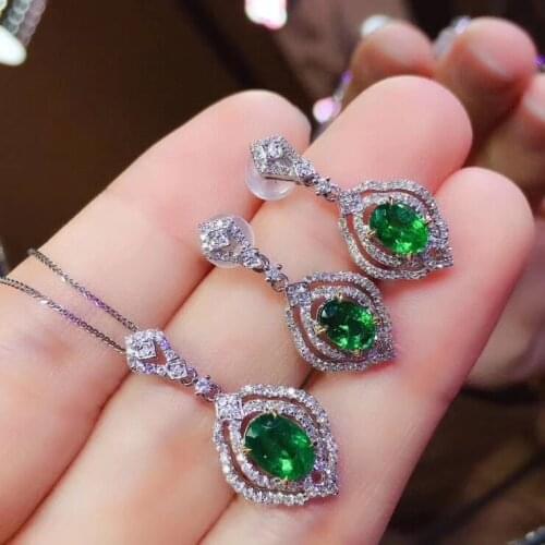 Luxurious Restoring water drop S925 silver natural green emerald pendant earring earrings natural gemstone jewelry set jewelry