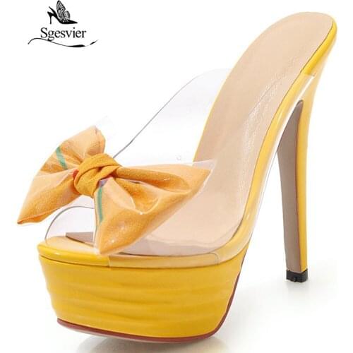 Sgesvier 2019 Fashion Thin High Heel Party Bowtie Shoes Summer Ladies Transparent Slides Butterfly-knot Stiletto Sandals G281