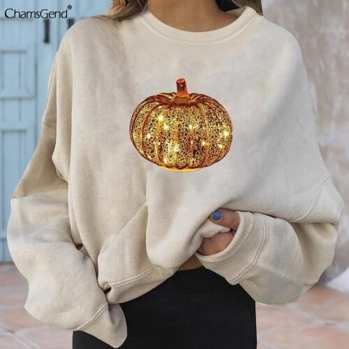 Kawaii Sequined Pumpkin Print Hoodie Oversized Sweatshirt O-Neck Hoodies For Women Clothes Female Korean Harajuku Sweatshirts