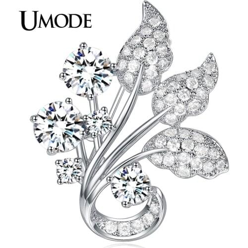 UMODE New Trendy Luxury Leaves Large Austria Rhinestone Brooches for Women White Gold Color Accessories for Scarf Gift AUX0039