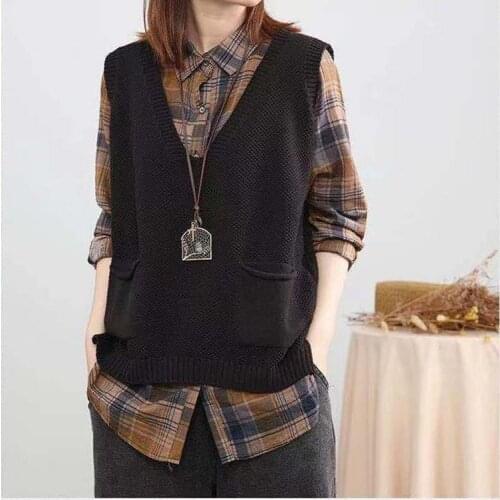 Knitted V-Neck Vest Womens Loose Plus Size Jacket Solid Color Pockets Sleeveless Sweater Vest Casual Pullover All-Match Top Топ