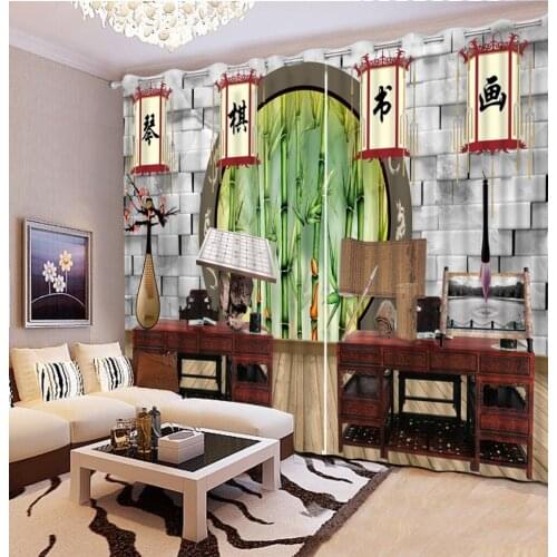 3D Curtain Classic Home Decor Curtain Design Tables, Bamboo,Round Door, Chess Pieces Curtains For Bedroom Blackout Shade Window