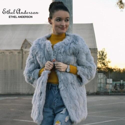Ethel Anderson Womens Real Rabbit Fur Coat Long Jacket Vintage Style OL Outwear O-Neck