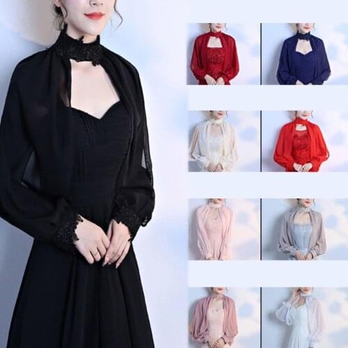 Women Side Split Long Sleeve Wedding Shawl Cape Halter Neck Chiffon Shrug Capelet Open Front Lace Bridal Jacket Bolero