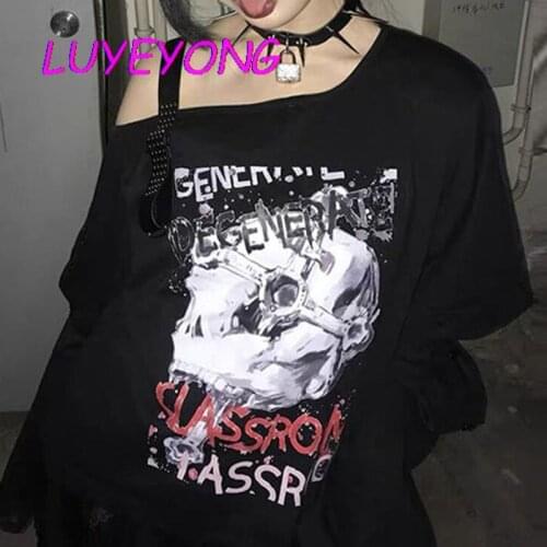 Women Detachable Sleeve Gothic Print T-shirt Black Punk Lady Off Shoulder Y2k Sexy T Shirt Summer Stap Harajuku Street Tee Tops