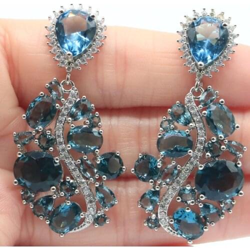 52x27mm Big Heart Earrings for Women Delicate Fine Cut Created Blue Aquamarine Bridal Jewelry Hot Selling
