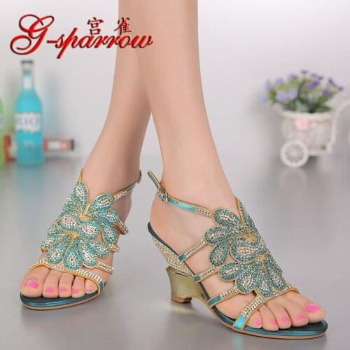 2018 Summer Crystal Rhinestone Wedding Shoes Size 11 High Heels Fashion Female Roman Bohemian Blue Wedge Sandals Good Quality