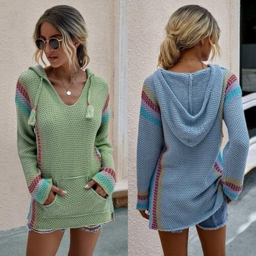 Women Casual Hooded Knitted Sweater Warm Long Sleeve Loose Pullover Female Patchwork Sweaters With Pockets