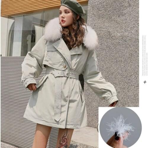 JuneLove Women Causal Hooded Down Jacket Vintage Winter Warm 90% White Duck Feather Waistband Coat Fur Collar Puffer Overcoat