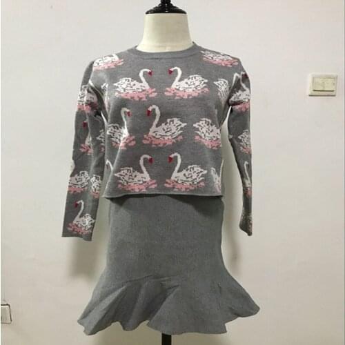 Women Swan Sweaters+Skirts 2PCS Suits Knitting Long Sleeve Printed Ladies Woman Knitted Sweater Mermaid Skirt Sets