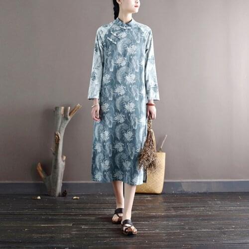 Johnature Women Print Floral Dresses Chinese Style Cheongsam Cotton Linen A-Line Stand Long Sleeve Vintage 2021 Spring New Dress