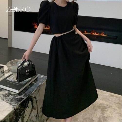 2021 Summer Elegant Short Sleeve Diamond Hollow Out Show Waist Dresses for Women Black Sexy Korean A-Line Dress Vestidos Mujer