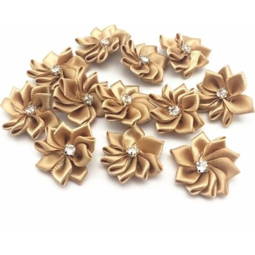 100pcs 25mm Gold Satin Ribbon Diamond Flowers For Wedding Bouquets Table Decorations Embellishments