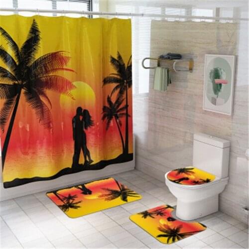 4Pcs/set Bathroom Mat Set Non-slip Bath Mat Couple Shower Curtain Coral Fleece Floor Mat Washable Bathroom Toilet Rug