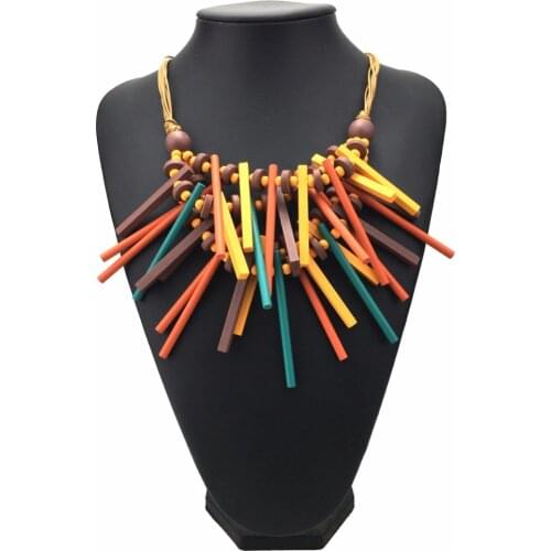 Bohemian Handmade Wood Statement Necklace For Women Jewelry Rope Chain Big Wooden Collar Choker Necklace UKEN