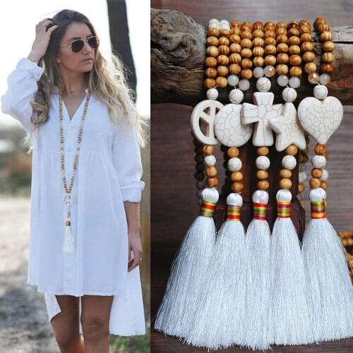 Handmade String Wooden Beads National Style Sweater Chain Long White Line Tassel Necklace Cross and Peace Pendant