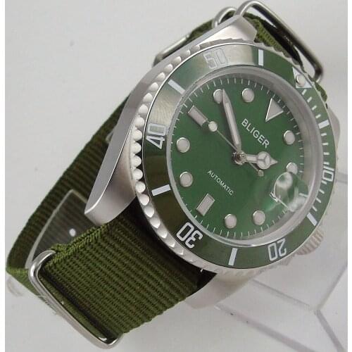 NEW 40mm BLIGER Green Dial Sapphire Glass Date window Luminous Hands Luxury Brand ceramic bezel Automatic movement mens Watch