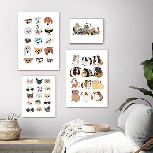 Nursery Wall Art Canvas Posters Print Cartoon Guinea Pig Cats And Dogs With Glasses Painting Pictures Kids Bedroom Home Decor
