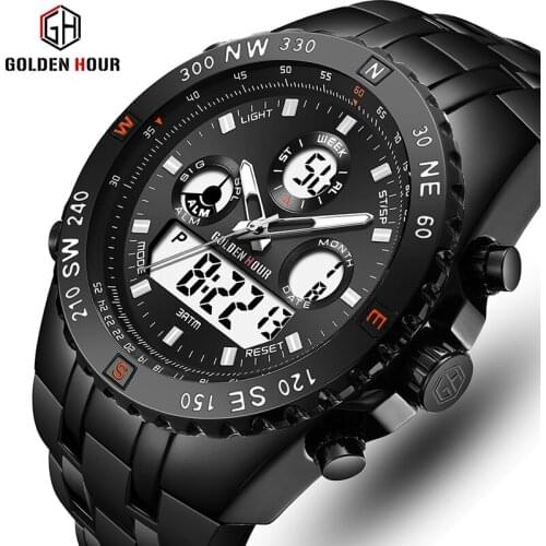 GOLDENHOUR Top Brand Fashion Men Dual Display Quartz Watch Mens Luminous Outdoor Sports Male Clock Week Date Relogio Masculino