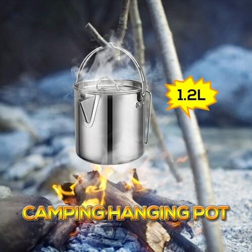 Lixada 1.2L Stainless Steel Camping Tableware Hanging Pot with Lid Outdoor Cookware Camp Mug Soup Coffee Pot Water Kettle