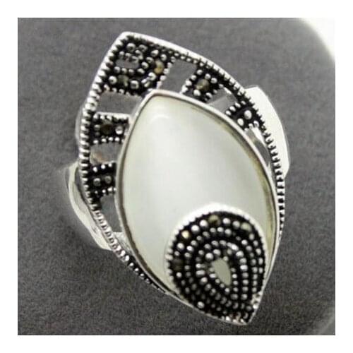 24*13mm NATURAL WHITE OPALS DROP 925 SILVER & MARCASITE RING SIZE 6/7/8/9