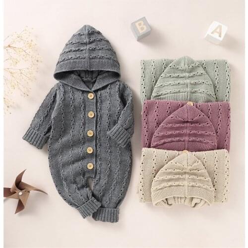 Pudcoco 0-18M Romper Baby Boys Girls Hooded Collar Fashion New Single Breasted Knitwear Jumpsuit Playsuit Leotard Clothes