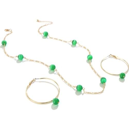 KOMi 1Set Green Cats Eye Stone Around Bead Opal Pure Handmade Chain Necklace Dangle Hoop Earrings Set Bridal jewelry GJZ485