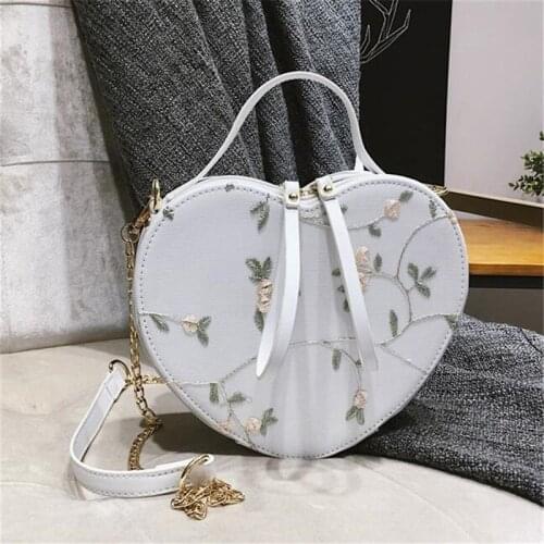 Korean Heart Shaped Retro Handbag Flowers Shoulder Bag Embroidered PU Leather Shoulder Crossbody Bag Women Messenger Bag