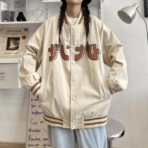 Bomber Jacket Women Baseball Uniform Japanese Print Color Blocking Stand Collar Autumn Coat Harajuku Streetwear Vintage Clothing