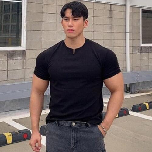 2021 V-neck Men Cotton Solid T-shirt Summer body-building Fitness Running T-shirt Male Gym Tee Tops Summer Shirt Sports Clothing