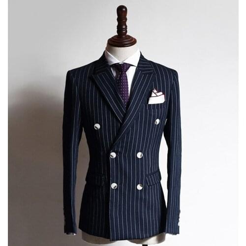 Navy Blue Stripe Business Formal Men Suits with Double Breasted 2 Pcs Custom Groom Wedding Tuxedos Male Fashion Jacket with Pant