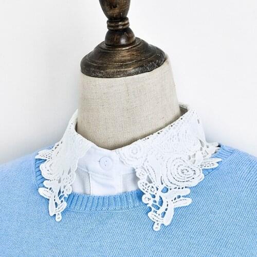 Women New Fashion Flower Embroidery False Collar White Shirt Fake Collar Tie Vintage Detachable Collar Lapel Blouse Top Decor