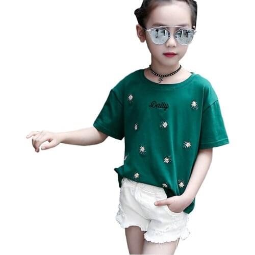 2018 New Summer Girls T Shirts Loose Casual Kids Tops Tee Fashion Embroidered Flower Children Clothing for Girls BC246