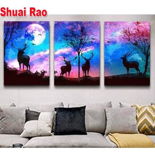 Deer Triptych Diamond Painting Full Square Round Landscape Painting Abstract 3 Pieces 3d Pictures DIY Diamond Embroidery Home