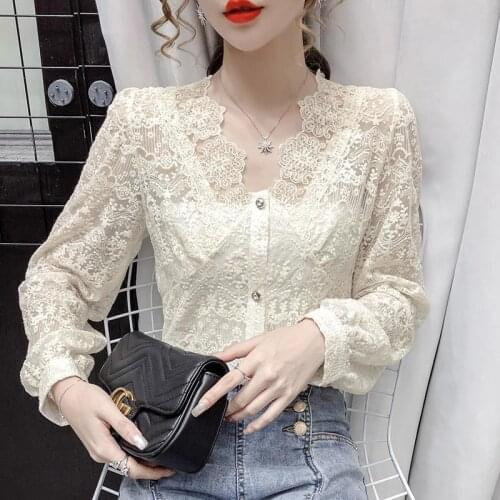 Autumn Womens Lace Top Womens Hollow Puff Sleeve Shirt Womens Long Sleeve Blouse Women Blusas Ropa De Mujer