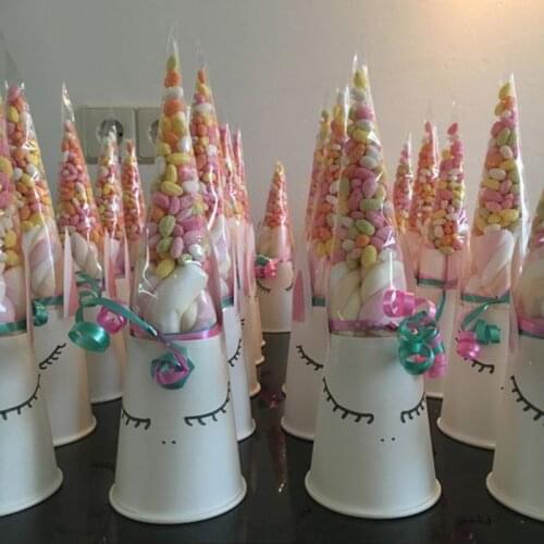 WEIGAO 50pcs DIY Unicorn Horn Birthday Party Sweet Cellophane Clear Candy Cone Storage Bags Wedding Candy Bags Easter Decoration