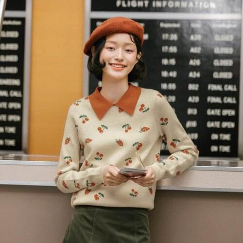 INMAN LIWO|Winter Womens Retro Literature And Art Sweet Strawberry Jacquard Sweater Pullover