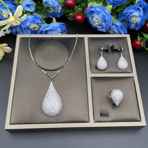Luxury Water Drop Cubic Zircon Nigerian Necklace Earring Ring Jewelry Sets For Women Wedding Indian Dubai Bridal Jewelry Sets