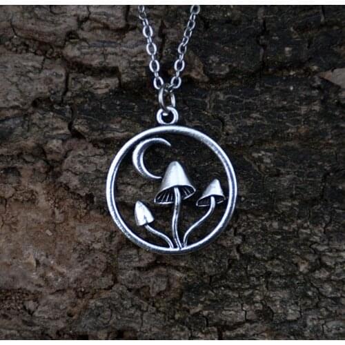 Silver Crescent Moon Mushroom Pendant Necklace Mushroom Plant Forest Nature Jewelry