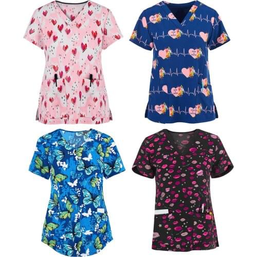 Uniforme enfermera mujer Women Short Sleeve T-shirt V-neck Workwear Tops Cartoon Printed Working Uniform Pullover Blouse Shirt
