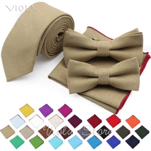 Vintage Solid Linen 6cm Tie Sets Red Blue Wedding Bowtie Handkerchief Narrow Necktie Party Gift Cravat For Men Shirt Accessory