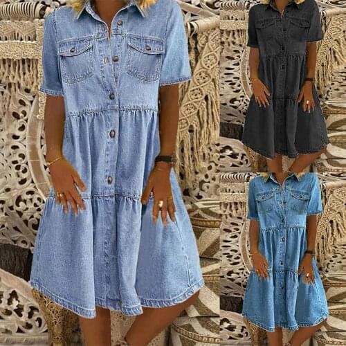 High Quality Denim Dresses for Women Short Sleeve Plus Size Dress Loose Casual Pockets Button Denim Dress for Women