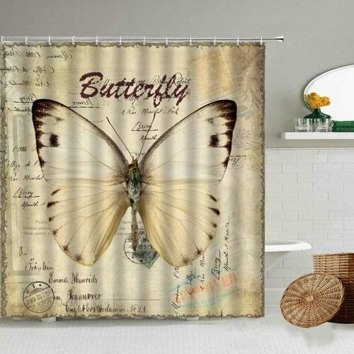 Butterfly Pattern Printed Shower Curtain American Retro Stamp Classical Background Bathroom Bathtub With Hook Waterproof Screen