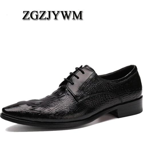 ZGZJYWM New Arrival High Quality Comfortable Brand Crocodile Pattern Genuine Leather Lace-up Pointed Toe Flats Oxfords Men Shoes